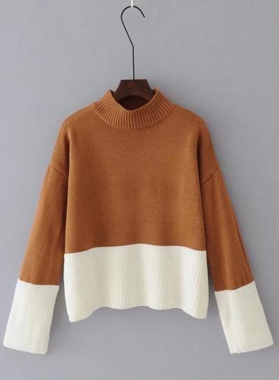 Oasap High Neck Long Sleeve Color Block Sweater