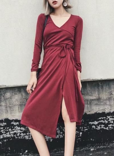 Oasap V Neck Long Sleeve Cut Out Irregular Dress With Belt
