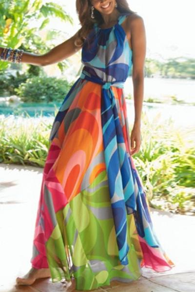 Oasap Colorful Print Halter Belted Maxi Chiffon Dress