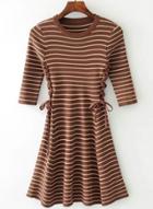 Oasap Half Sleeve Lace-up A-line Striped Dress