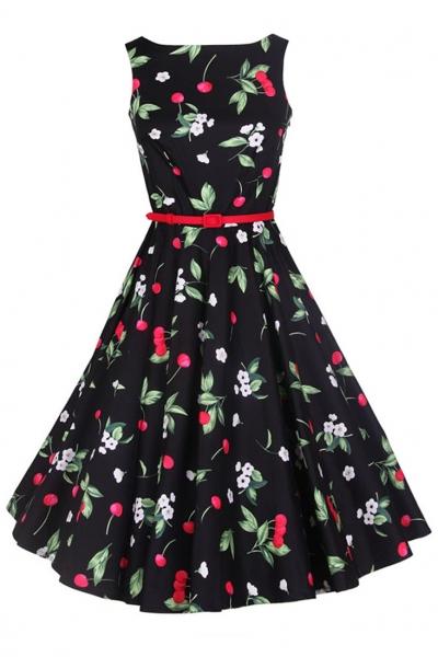 Oasap Eden Cherry Floral Print Sleeveless Swing Dress