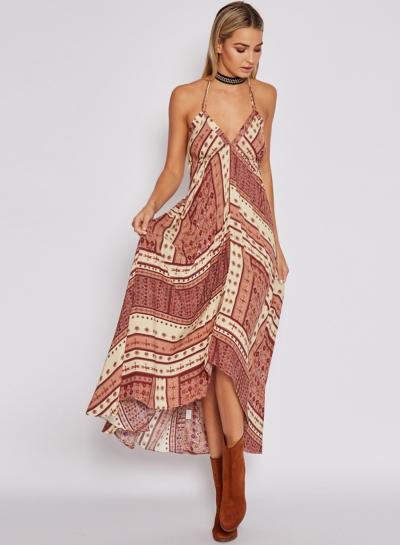 Oasap V Neck Spaghetti Strap Backless Maxi Dress
