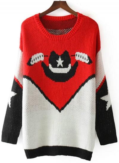 Oasap Fashion Hat Pattern Longline Knit Sweater