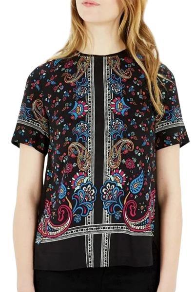Oasap Women's Fashion Short Sleeve Ethnic Floral Print Back Zipper Blouse