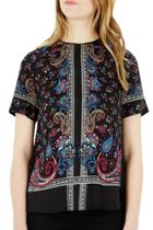 Oasap Women's Fashion Short Sleeve Ethnic Floral Print Back Zipper Blouse