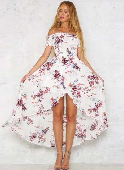 Oasap Slash Neck Floral Print High Low Dress