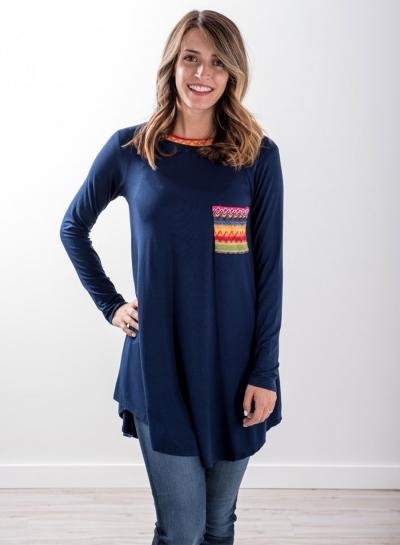 Oasap Round Neck Long Seelve Geometric Printed Splicing Tee Shirt