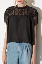 Oasap Lace Paneled Tasseled Button Back Blouse