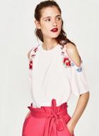 Oasap Floral Embroidery Off Shoulder Tee Shirt