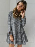 Oasap Round Neck Long Sleeve Button Back Plaid Mini Dress