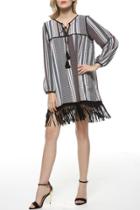 Oasap National Wind Striped Print Tasseled Lace-up Neck Chiffon Dress
