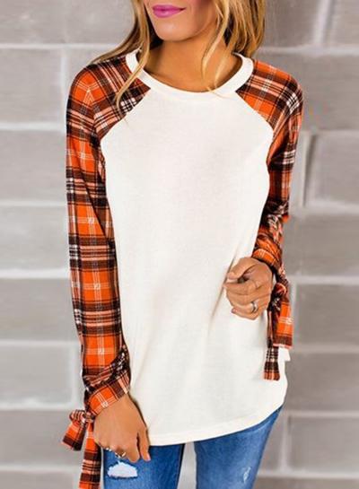 Oasap Round Neck Long Sleeve Plaid Pullover Tee