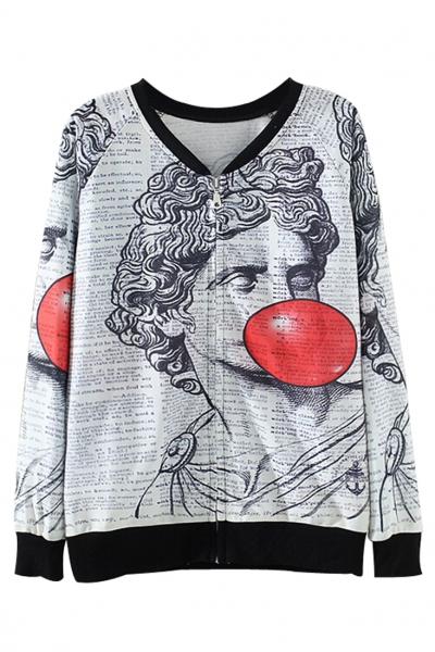 Oasap Grey Graphic Pattern Zip Up Sweatshirt