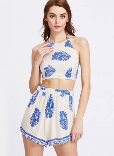 Oasap 2 Piece Halter Croppe Top Shorts Set