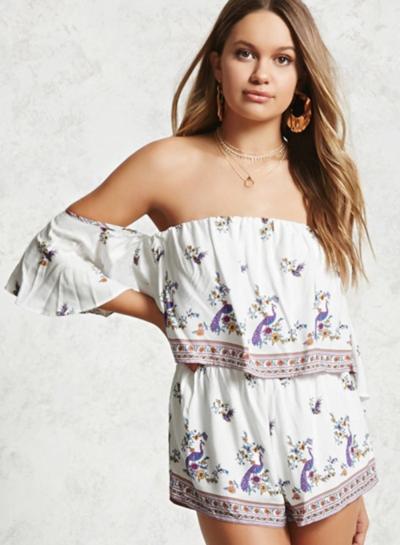Oasap Slash Neck Off Shoulder Peacock Print Romper