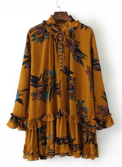 Oasap Stand Collar Long Sleeve Floral Printed Flounce Hem Dress