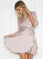 Oasap Solid Color V Neck Tie Waist Long Sleeve Irregular Dress