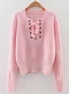 Oasap Round Neck Long Sleeve Solid Color Lace Up Sweater