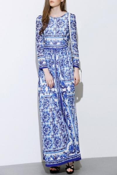 Oasap Floral Print Round Neck Long Sleeve Maxi Dress