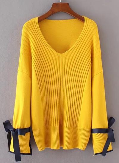 Oasap V Neck Long Sleeve Loose Knit Sweater