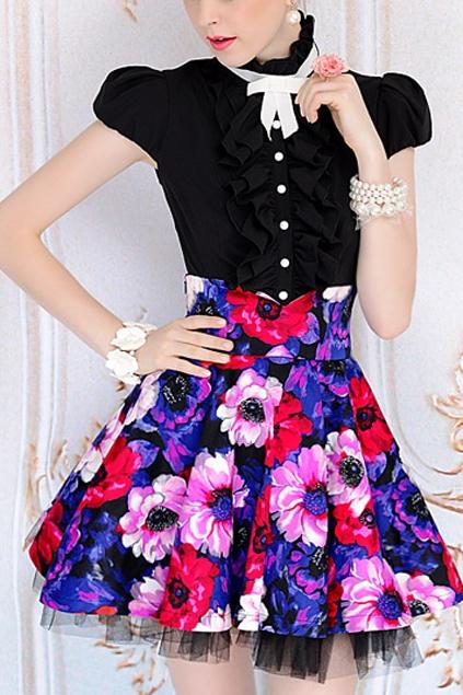 Oasap High Waist Zipped Flower Print Mini Skirt