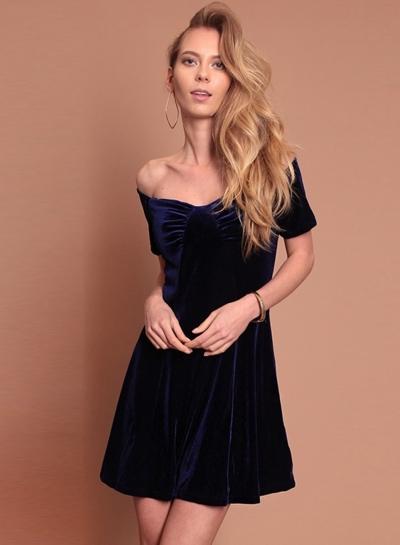 Oasap Off Shoulder Solid Velvet Dress