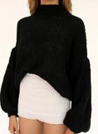 Oasap High Neck Lantern Sleeve Solid Color Knit Sweater