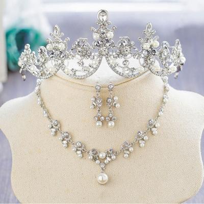 Oasap Crystal Faux Pearl Ear Clip Earrings Crown Necklace Set