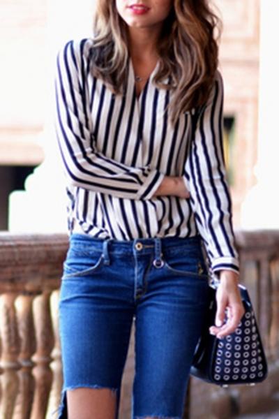 Oasap Black And White Stripe Open Front Blouse