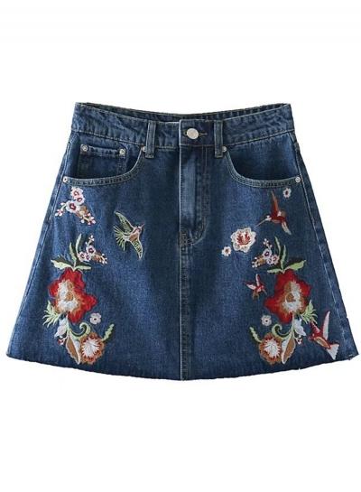Oasap High Waist Floral Embroidery Mini Denim Skirt