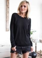 Oasap Round Neck Long Sleeve Lace Hem Backless Blouse