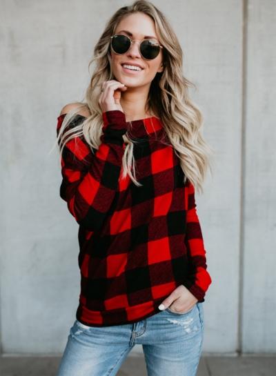 Oasap Casual Off Shoulder Long Sleeve Plaid Pullover Tee