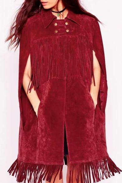 Oasap Faux Suede Stand Collar Button Fringed Coat