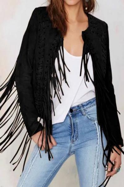 Oasap Modern Solid Tassel Open Front Jacket