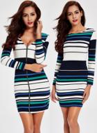 Oasap Deep V Neck Long Sleeve Striped Bodycon Mini Dress
