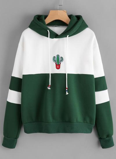 Oasap Long Sleeve Color Splicing Cactus Embroidery Fleece Hoodie