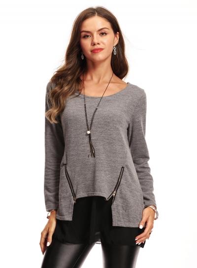 Oasap Solid Color Round Neck Long Sleeve Zipper Detail Tee Shirt