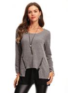 Oasap Solid Color Round Neck Long Sleeve Zipper Detail Tee Shirt
