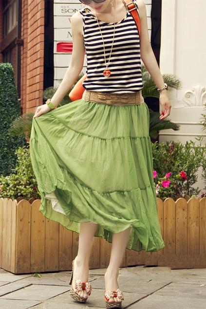 Oasap Stripe Printing Bodice Ankle Length Dress