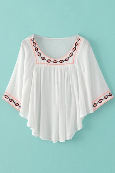 Oasap Geometric Embroidery Print Batwing Sleeve Asymmetric Blouse