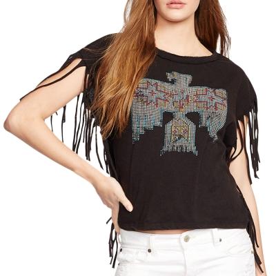Oasap Women's Fashion Eagle Print Tasseled Short Sleeve Tee