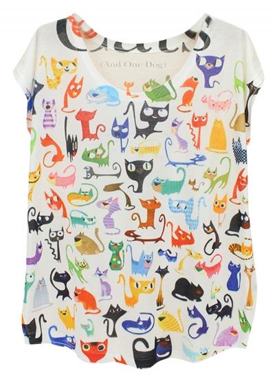 Oasap Women's Casual Cartoon Cat Printed Short Sleeve Tee
