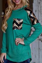 Oasap Green Sequin Chevron Print Side Slit Tee