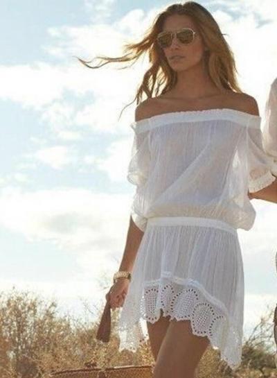Oasap Off Shoulder Short Sleeve Irregular Solid Mini Dress