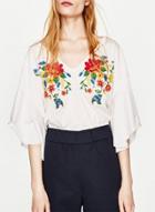 Oasap V Neck Floral Embroidery Blouse