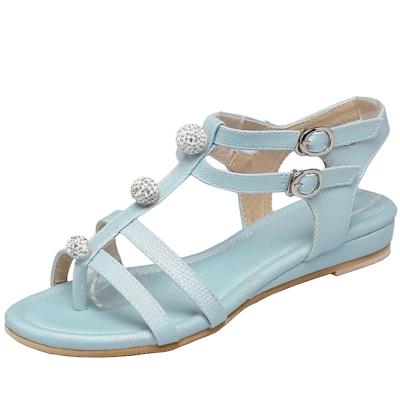 Oasap Open Toe Rhinestone Flat Buckle Sandals