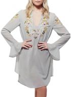 Oasap Women's Turn Down Collar Flare Sleeve Empire Embroidery Dress