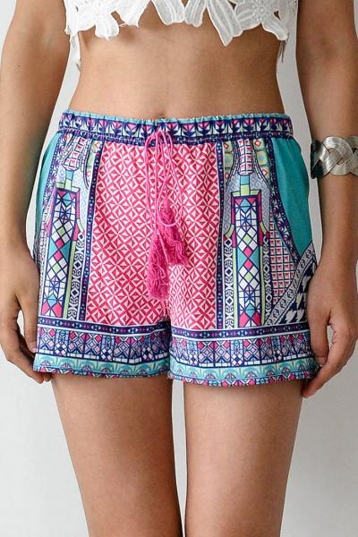 Oasap Vintage Mixed Print Drawstring Shorts