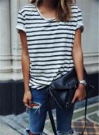 Oasap Fashion Casual Loose Striped Short Sleeve Round Neck Women Tee Shirt
