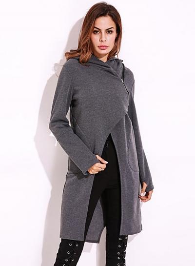 Oasap Solid Color Long Sleeve Zipper Irregular Hoodie